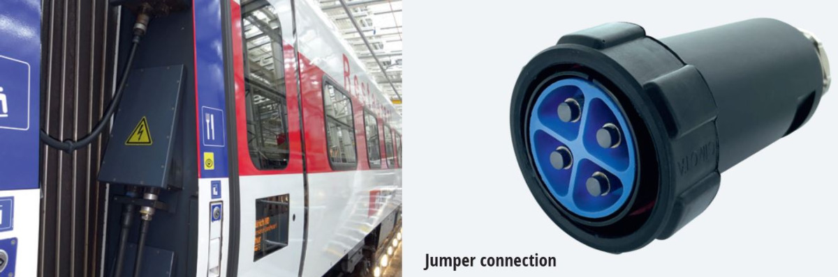 Gimota’s GB series circular connectors, designed for high voltages of up to 1250 VDC/150 A, used for jumper connection